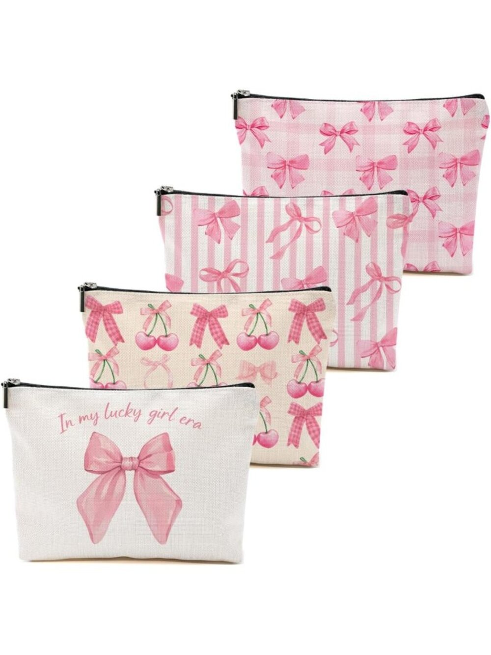 4Pcs Pink Bow Makeup Bags Set | Preppy Cosmetic Zipper Pouches for Travel